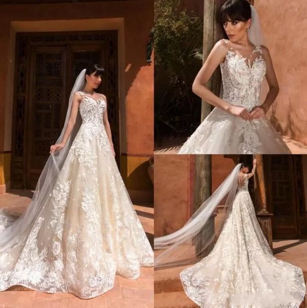 

шампанское элегантный кружева свадебные платья 2019 sheer иллюзия jewel шеи кружева аппликация длинные развертки поезд свадебные платья robe, White
