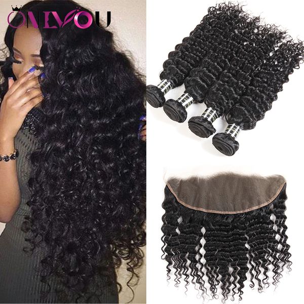 Cabelos encaracolados profundos 4 feixes com 13x4 LACE FRONTAL EAR EAR A EAR MAIS TELAÇÃO REMY CABELO HUMANO EXTENSions