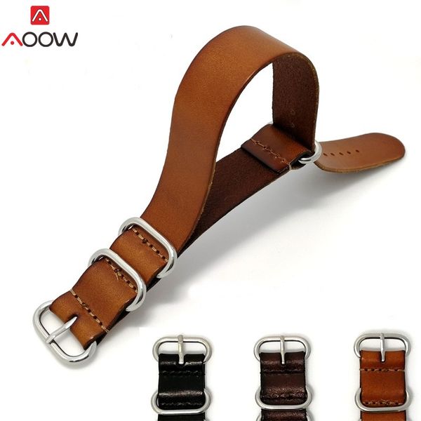 

aoow zulu leather watchband nato watch band strap 18mm 20mm 22mm for men women watch accessories sliver ring buckle replacement, Black;brown