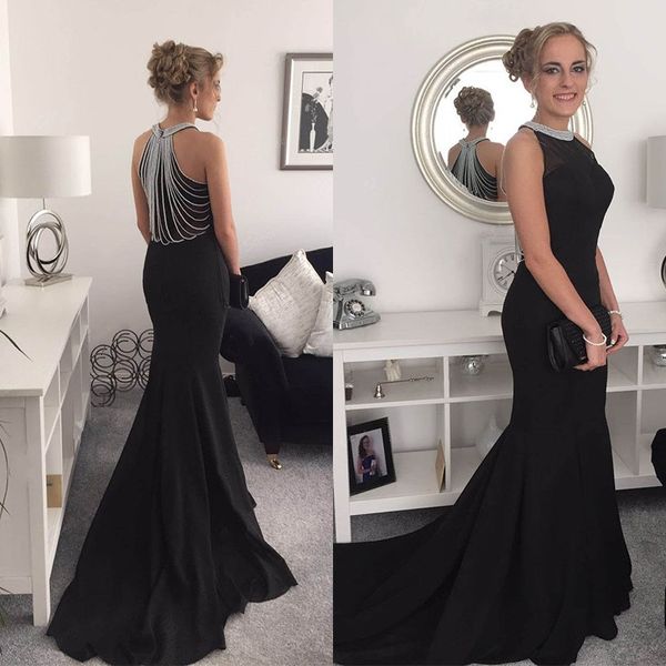 

2019 stunning black evening dress halter sleeveless beaded beading mermaid prom party gowns with sweep train custom made high quality, Black;red
