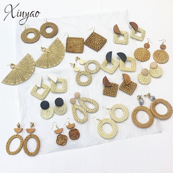 

xinyao korean handmade straw weave rattan earrings for women 2018 fashion geometric big round circle square drop earrings gifts, Silver