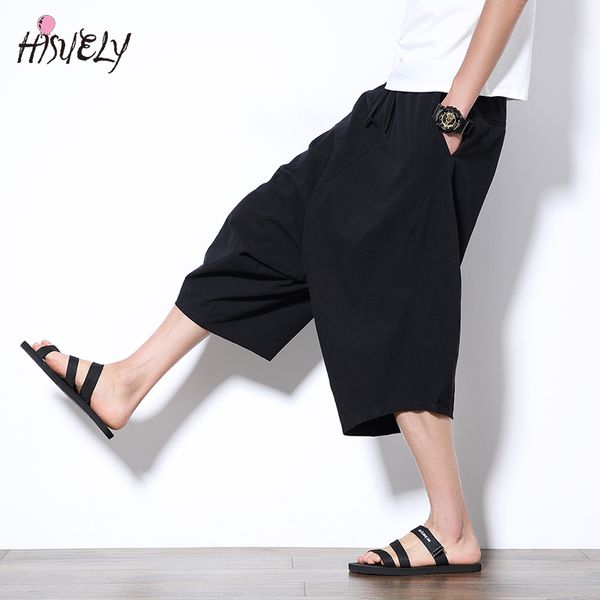 

hisuely fashion men wide crotch harem pants loose summer large cropped trousers wide-legged bloomers chinese style flaxen baggy, White;black