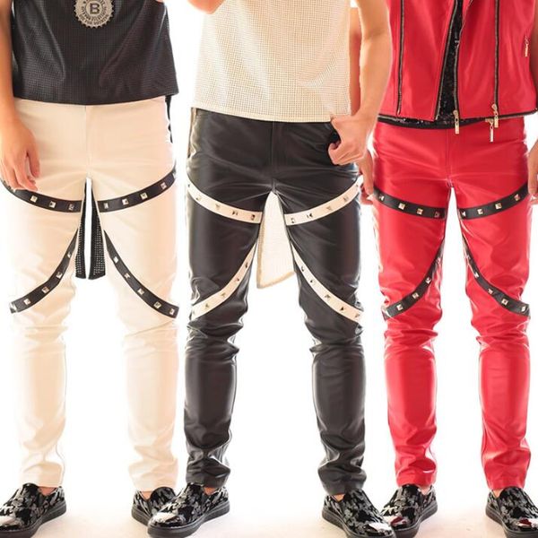 

black white red rivet motorcycle faux leather pants men trousers pu pants for men pantalon homme singer dance stage rock street