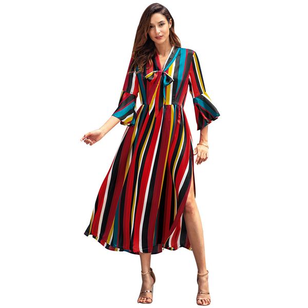 

women's wear new long sleeves, rainbow stripes, split middle length dress, ladies' dress c3082, Black;gray