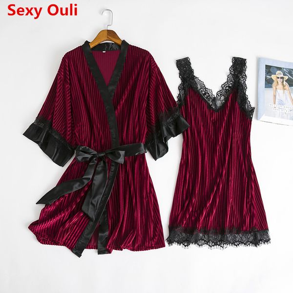 

fashion women faux jinsirong robe gown set winter lace nightgowns women sleepwear dress woman pajamas bathrobe, Black;red