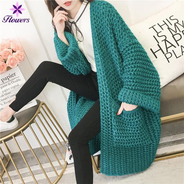 

sweater cardigan women long loose korean 2018 spring autumn new plus size solid coarse wool knit long-sleeves womens coat lr176, White;black