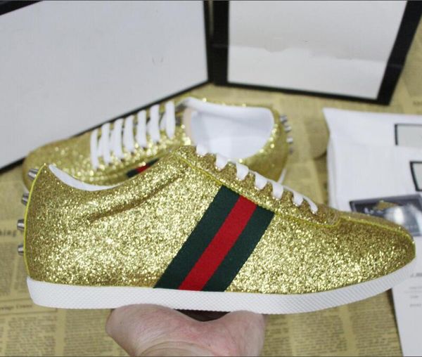 

Fa hion men women luxury de igner neaker ca ual ace hoe with gold equin glitter low rivet tripe neaker ize 35 46, Black