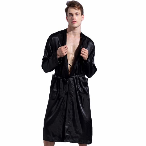 

casual men sleepgown home wear summer male solid kimono yukata bathrobe nightwear sleepwear pajamas rayon satin robe gown, Black;brown