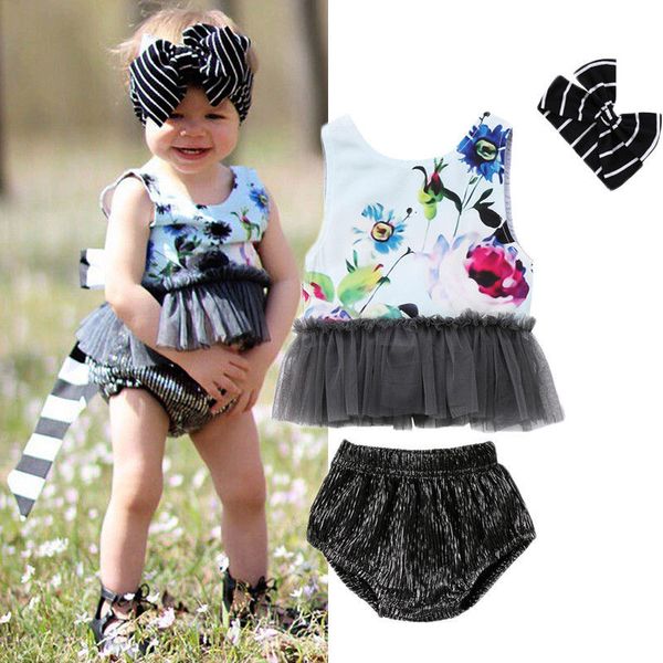

newborn baby girls clothes sleeveless round neck floral print striped geometry shorts bow headband 3pcs cotton kids outfit, White