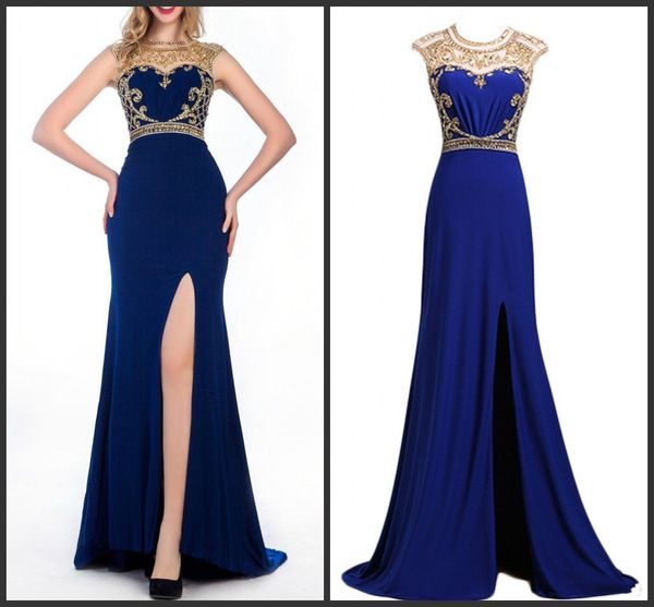 

2019 новый спандекс вечернее платье jewel шеи чистой спиной с хрустальными бусинками сторона сплит платья выпускного вечера темно-синий с ко, Black;red