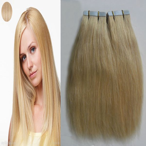 613 Blondes glattes brasilianisches Hautschusshaar, 100 % Echthaar, 12 Zoll, 14 Zoll, 16 Zoll, 18 Zoll, 20 Zoll, 22 Zoll, 24 Zoll, 26 Zoll, 100 g, 40 Stück/Set, Tape-In-Echthaarverlängerungen