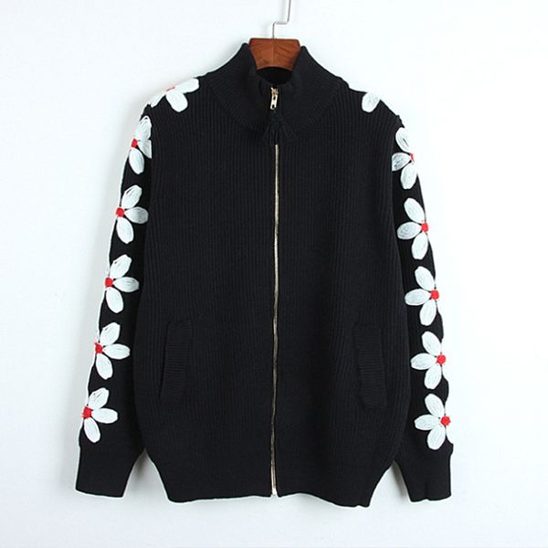 

2019 autumn women lady daisy floral embroidery zipper jackets fashion bomber jacket coat casual for girls sweater, White;black