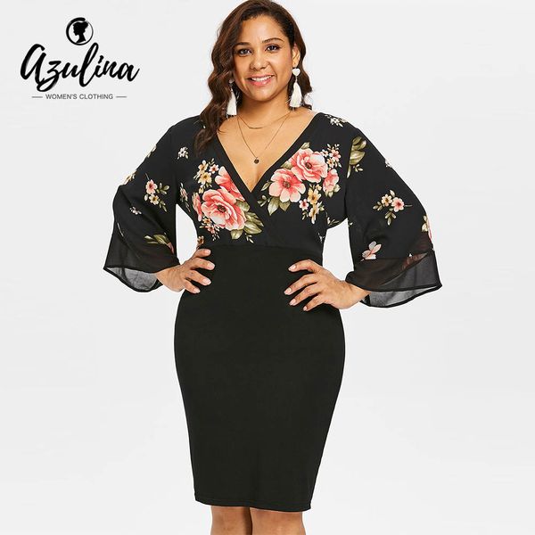 

azulina plus size bell sleeve low cut floral bodycon dress women plunging neck 3/4 sleeve summer dresses party dress vestidos, White;black