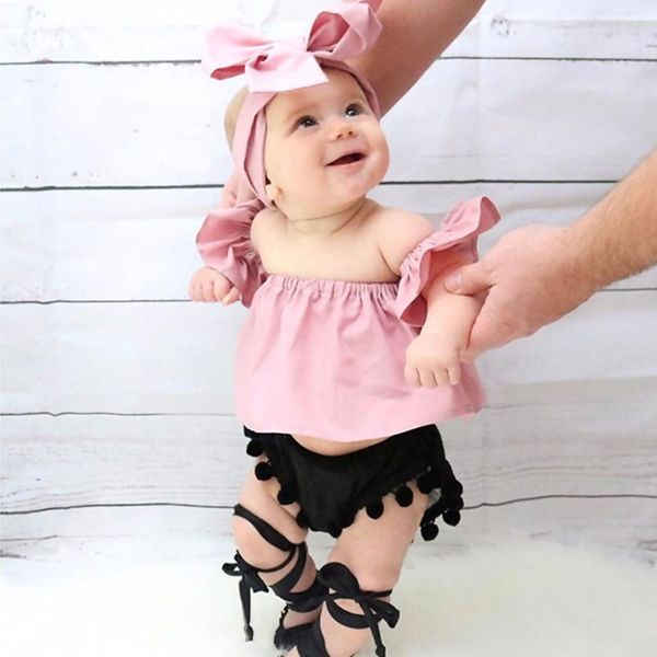 

toddler kids baby girl outfit summer clothes off shoulders blouse tank vest tassel pants headband set, White