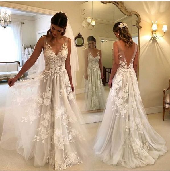 

2019 v-neck summer beach boho wedding dresses bridal gowns beautiful appliques a line backless custom made robe de soriee, White
