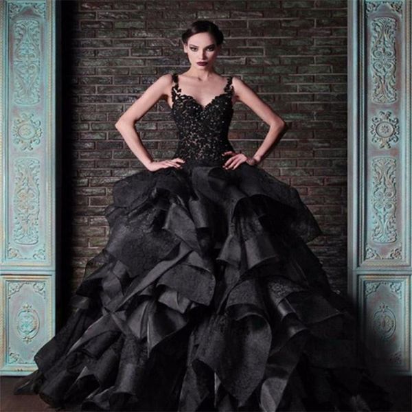 

rami kadi black ball gown prom dresses spaghetti straps vintage lace ruffles satin puffy gothic formal party gowns dress evening wear