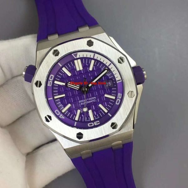 

new watch v7 diver 42mm cal.3120 automatic mens watch 15710st 316l stainless steel case purple dial purple rubber strap gents watches, Slivery;brown