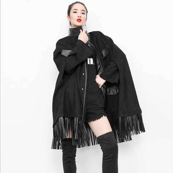 

autumn womens fashion patchwork turtleneck dark punk black cape cardigan jacket femal knitwear coat plus size zipper outwear, Tan;black