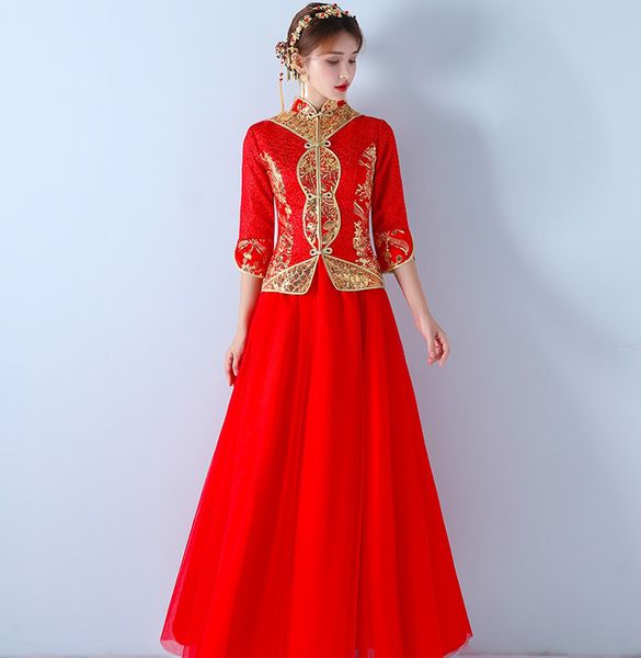 

chinese style brand new elegant hand embroidery cheongsam winter bride china bridal sheath lace half sleeves long bridal gown, Red