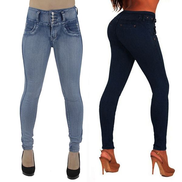 

2018 fashion women high waisted skinny denim jeans stretch slim pants calf length jeans dropshipping, Blue