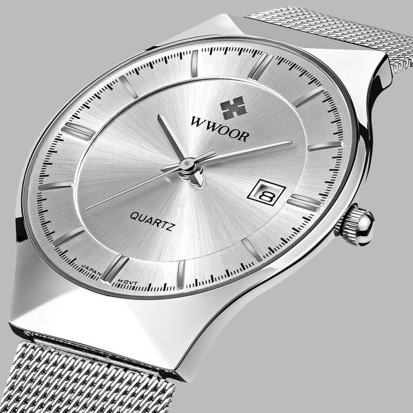 

wwoor men's watches stainless steel band analog display quartz wrist watch ultra thin dial fashion dress watch, Slivery;brown