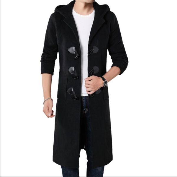 

m-4xl autumn and winter men's fashion hooded super long woolen windbreaker korean version knees woolen trench coat jacket tide, Black