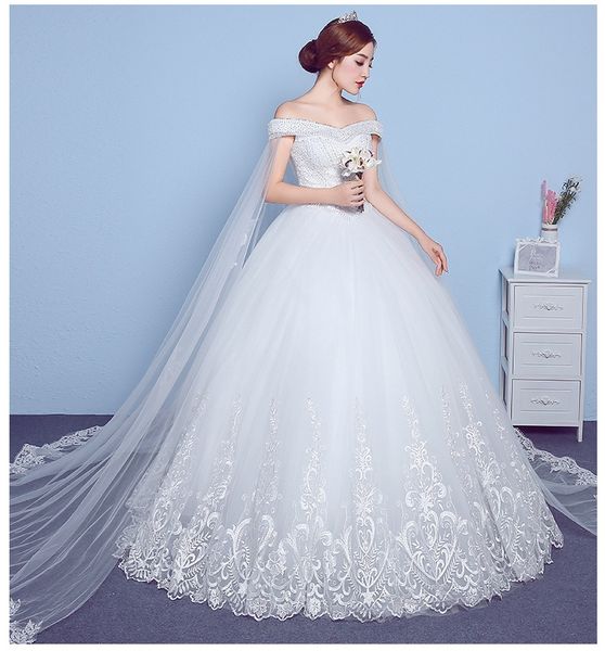 Abiti da ballo con spalle scoperte Abiti da sposa con corsetto in pizzo Vita impero con perline Watteau Train Allacciatura sul retro Abito da sposa da sposa331M