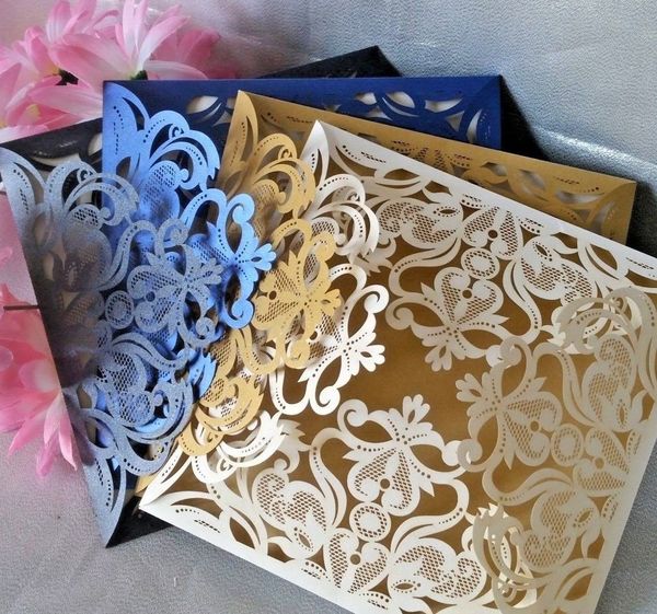 Premium qualidade laser corte casamento convites cartão inserir envelope marfim azul marfim ouro preto