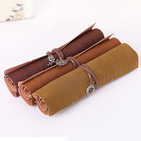 

retro pirate treasure map roll up pu leather pencil case pen bags make up holder gift