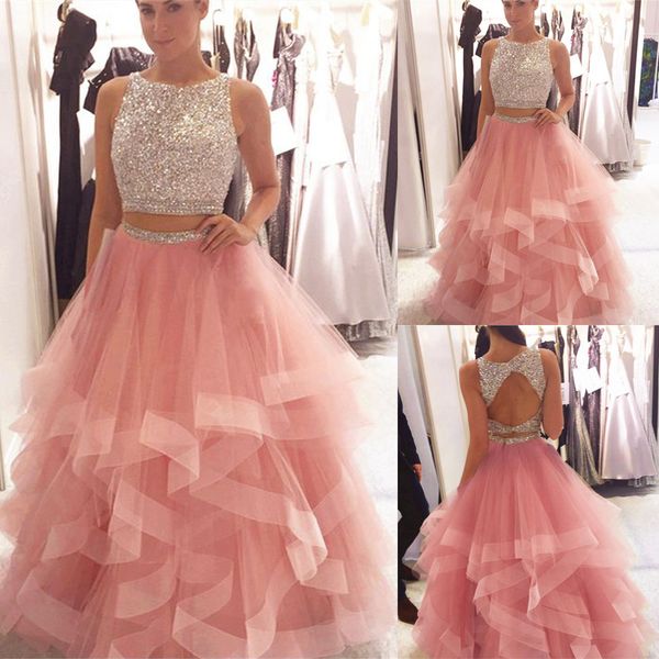Exquisite Sequin Beaded Organza Ruffles Prom Dresses Two Piece