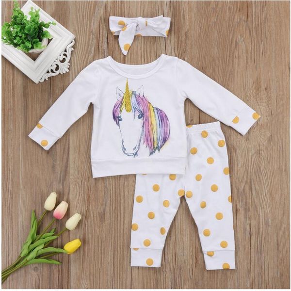 

girl unicorn spring pot sets baby unicorn long sleeve t-shirt + long pants + headband kids spring autumn three pieces suit children clothes, White