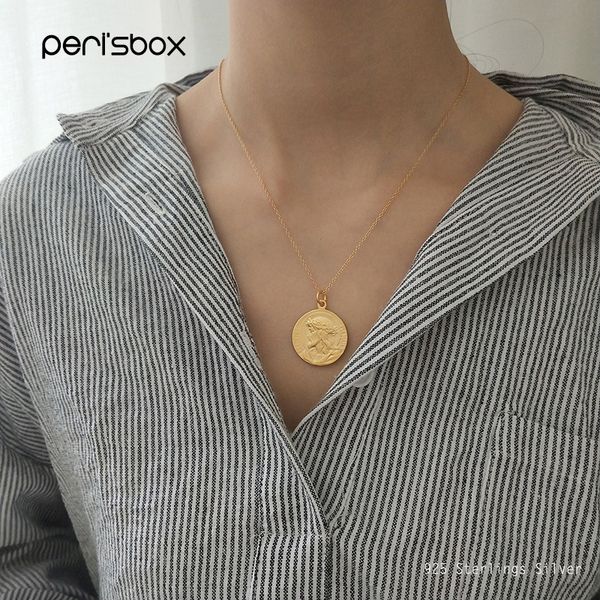 

peri'sbox 925 sterling sliver coin pendant necklaces for women double portrait chain chokers gold color disc layering necklaces, Silver