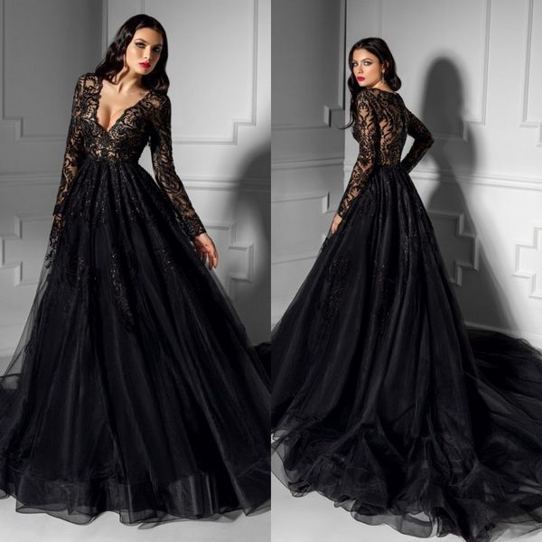 

elegant black long sleeve evening dresses v neck lace prom dress sweep train plus size red carpet party gowns custom, Black;red