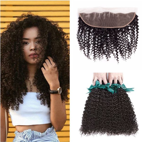 2019 Afro Kinky Curly Human Hair 3 Bundles With Frontal Closure