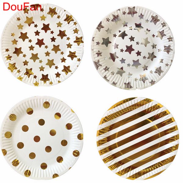 

doufan 10pc disposable tableware for parties shiny gold star stripe polka dot paper plate cup baby shower favor wedding supplies