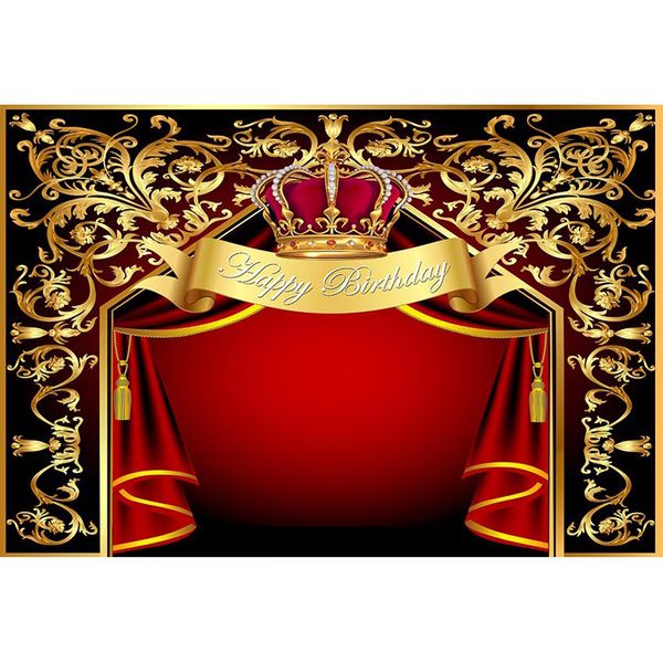 Sfondo personalizzato della festa di compleanno del circo Stampato motivi floreali in oro Tende rosse Royal Crown Princess Baby Shower Background