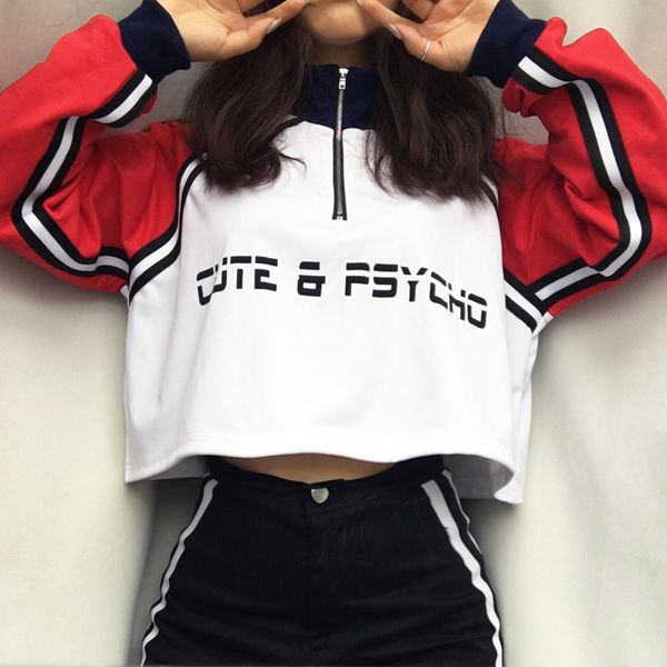 

2018 women autumn sweatshirts leisure stand collar panelled color t shirts zipper letter print hoodies t0539m05, Black