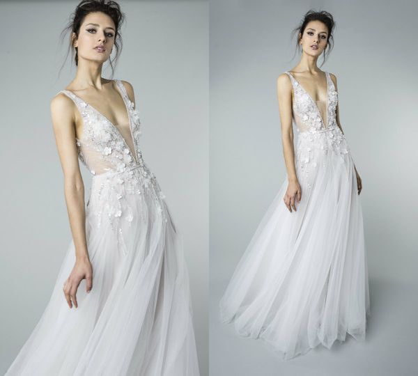 

2018 mira zwillinger boho wedding dresses 3d floral applique beaded sequins deep v neck a line beach bridal dress floor length wedding gown, White