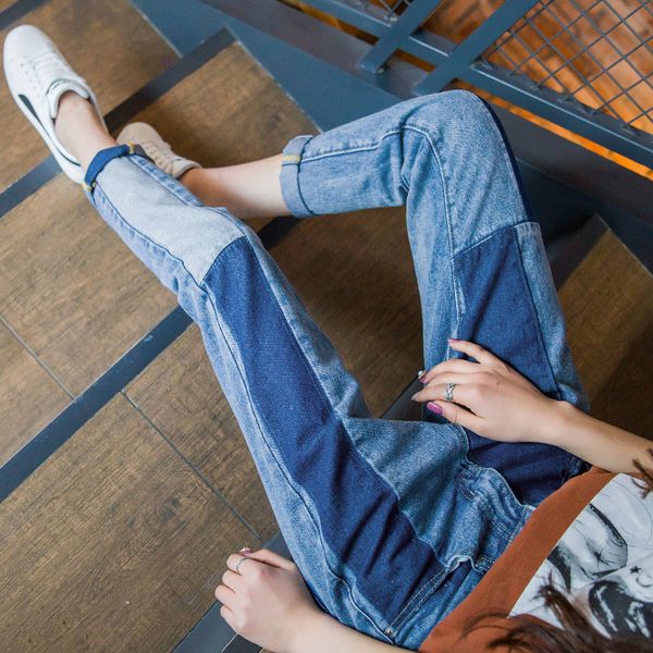 

2018 new slim patch work pants vintage high waist jeans new womens denim jeans ankle length pants loose, Blue