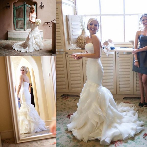 

2018 country garden wedding dresses off the shoulder organza mermaid ruffles strapless backless trumpet bridal wedding guest gowns, White