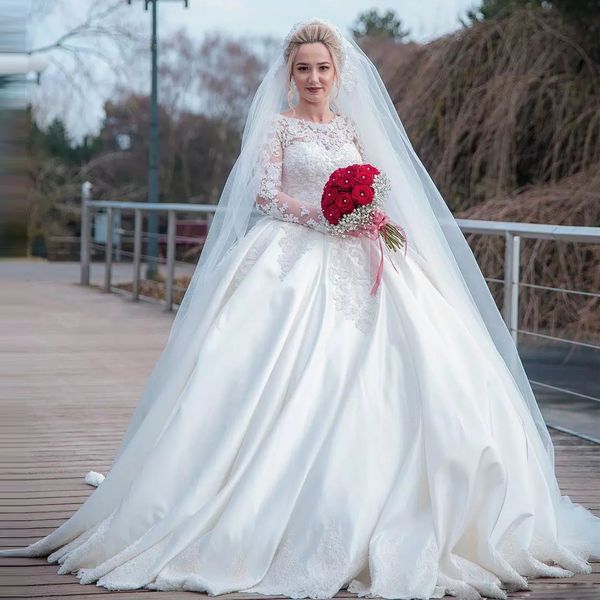 New White Ball Gown Muslim Wedding Dresses Jewel Neck Long Sleeve