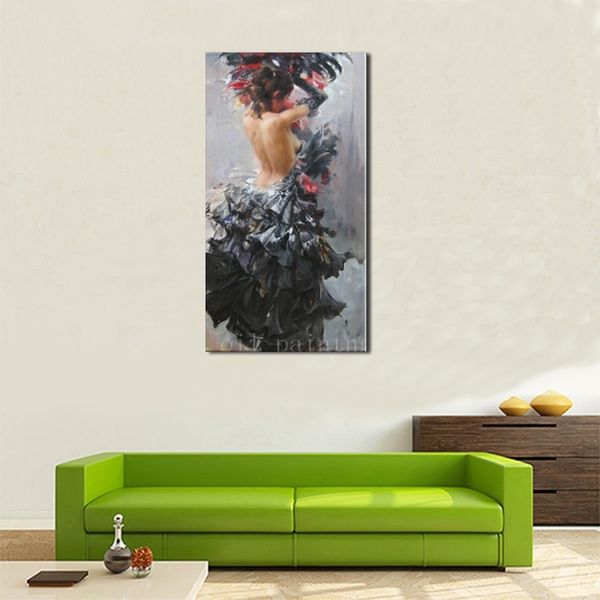

handmade abstract wall art decor calligraphy portrait nude spanish flamenco dancer in black dress oil painting on canvas