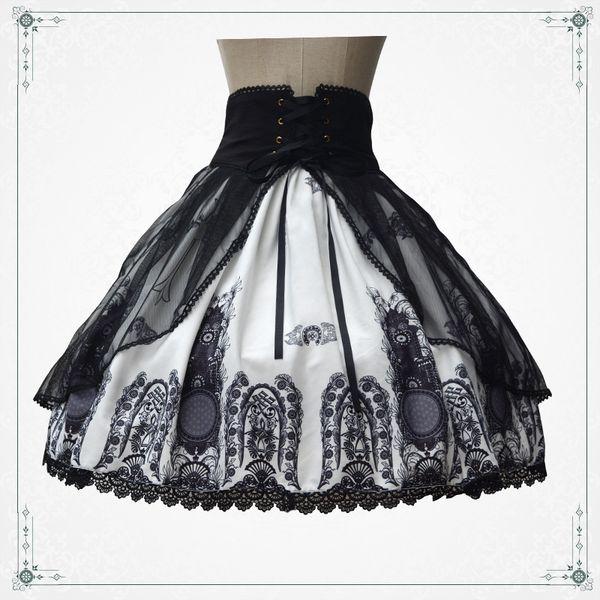 

beautiful vintage cross church pattern black & white double layers skirt lolita sk cross tie elastic waist cute big hem skirt, Black;red