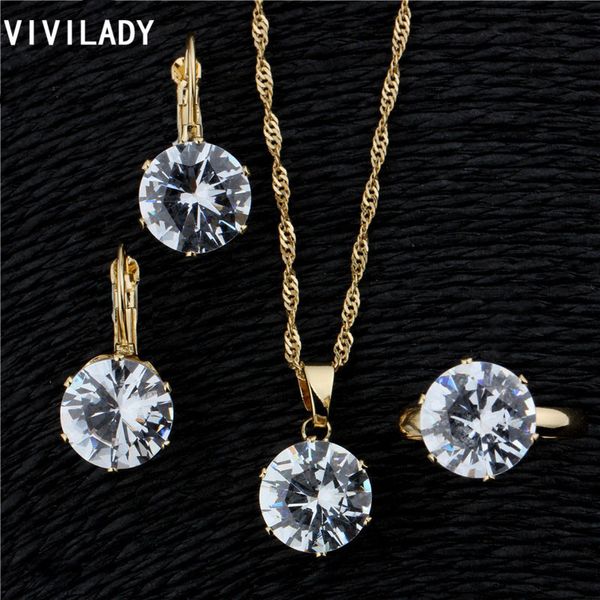 

vivilady fashion wedding jewelry sets austrian crystal zirconia stone pendant necklace earrings ring women bijoux accessory gift, Silver