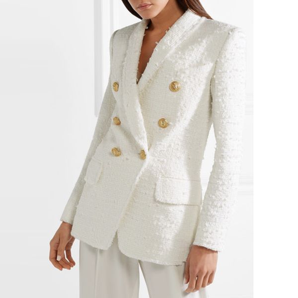 

high street runway 2018 designer blazer women's metal buttons shawl collar wool blends tweed blazer coat, White;black