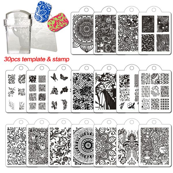 

30pcs nail plastic plates + clear jelly silicone nail art stamper with scraper stamping plates template image stamp tools, White
