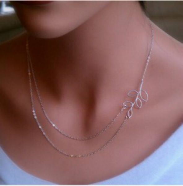 

fashion jewelry simple leaves double chain short necklace chain charm pendant necklace bohemian women elegant, Golden;silver