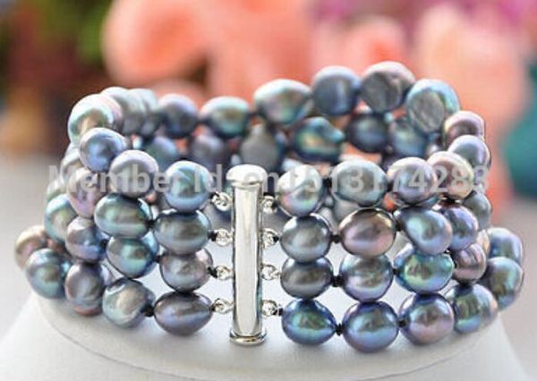 

gt;>> 4row 8" 9mm nature black baroque freshwater pearl bracelet, Golden;silver