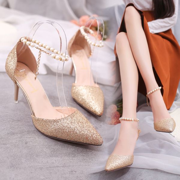

2018 lady gorgeous nightclub evening shoes high heels sliver gold shiny ponited toe woman wedding bridal shoes, Black