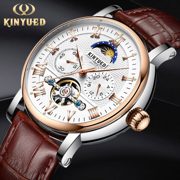 

kinyued luxury moon phase automatic watch men chronograph tourbillon mens skeleton mechanical watches brand relogio masculino d18100706, Slivery;brown